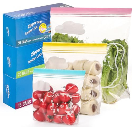 65Pcs Freezer and Sandwich Bags - Three Size Food Storage Bags With Double Seal Reusable Ziplock for Snacks, Fruits, Soup - Widen Bottom