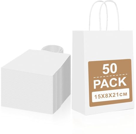 Gucass 50 Pcs Petit Sac en Papier Kraft avec Poignée, Blanc Sac Cadeau 15x8x21cm, Pochette Papier Sacs Cadeaux, Sachet Kraft pour Fête Noël Mariage Anniversaire
