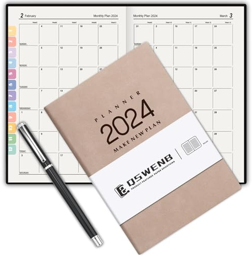 Auoketuo 2024 A5 Jahresplaner 8,34 x 5,71 cm, 2024 Wochentag pro Monat, dickes Premium-Papier, weicher Einband, enthält einen schwarzen Tintenstift – Khaki.