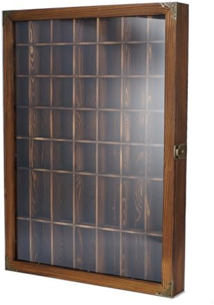 Tcatec Lockable Shot Glass Display Case Rustic Wood Shot Glasses Holder Wall Mounted Bar Cabinet 49 Compartments Shot Glass Shelf Collection Display Stand,Hinged Acrylic Door (Brown, 1 Pcs)