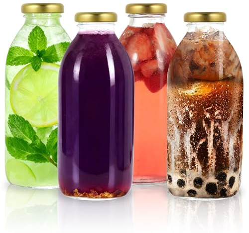 MEETOZ 4Pcs 500ml Glass Milk Bottles,with Pretty Gingham Lids Reusable Milk Bottle for Juices, Dressings, Sauces, Beverages, Decoration and Storage