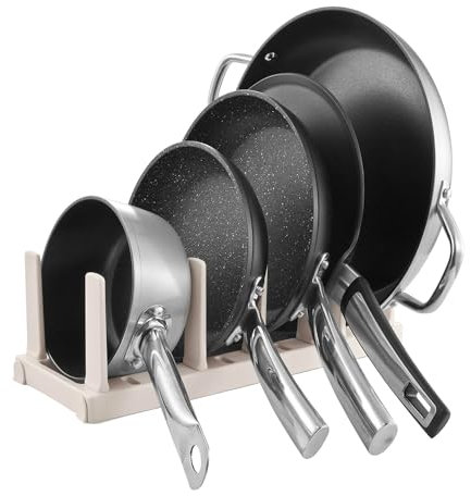 Avilia Porta sartenes extensible, organizador ajustable, estante para 5 sartenes con pies antideslizantes, organización de plástico resistente, 37 x 15 x 18 cm, blanco