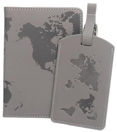 LERONO Taschen für Damen, multifunktionale Reisebrieftasche, Weltkarte, PU-Leder, Reisepasshülle und Gepäcketiketten-Set, halten Sie Ihre Sachen sicher, grau