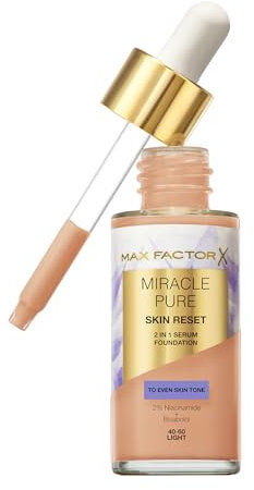 Max Factor Miracle Pure Skin Reset Foundation, 2-in-1 Serum und flüssige Foundation, natürliche Deckkraft mit mattem Finish, Reset-Komplex, Fb. 40-60 Light