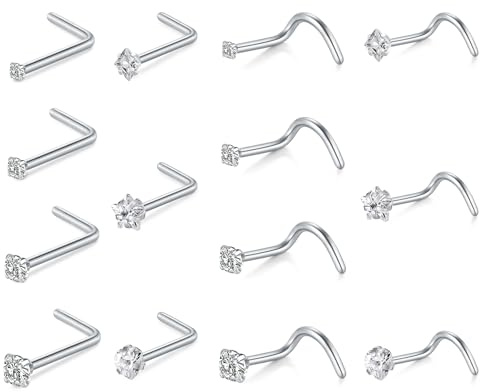 18G 20G 22G Näsa Stud Kirurgiskt stål Skruv Hypoallergeniskt Näsa Silver Guld Piercing Näsa Stud Cubic Zirconia Strass Näsa Piercing Smycken 1,0 mm/0,8 mm/0,6 mm