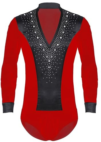 TiaoBug Herren Latein Body Langarm Hemdbody Ballettanzug V-Ausschnitt Stringbody Ballett Trikot Strasssteine Gymnastik Turn Leotard Tanzbekleidung Rot XL