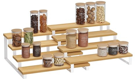SONGMICS Spice Rack, Set of 2 Cabinet Shelf Organisers, 4-Tier Extendable Spice Holder, Engineered Wood, Stackable, for Pantry, Cupboard, Countertop, Natural Beige and Cloud White KCS216N02