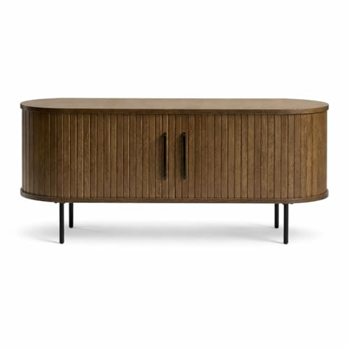 Liadomo Lowboard 120 cm, Uriel, TV-Schrank, Rauchbraun | TV-Board, TV-Möbel, Kommode, Eiche Furnier, Lamellen-Optik, Stauraum, Schiebetüren, 2 Einlegeböden, hohe Metallbeine