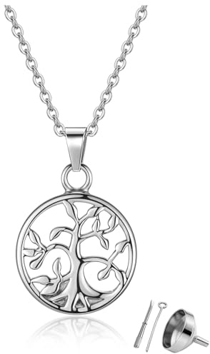 Zysta Urnen Anhänger Lebensbaum Urnenketten für Asche Kettenanhänger zum Befüllen Ascheamulett Edelstahl Memorial Schmuck für Damen Herren (Silber)