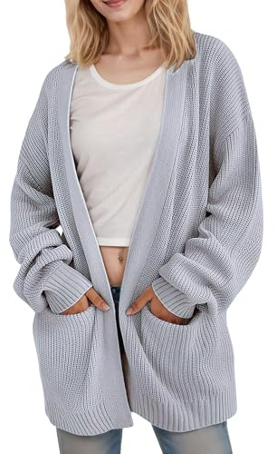 Jhsnjnr Womens Chunky Long Knitted Cardigan Lantern Sleeve Oversized Knitwear Open Front Sweater Grey