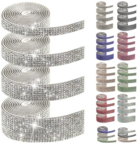 Swpeet 4 rollos 4 tamaños ancho 0,89 cm 1,35 cm 1,80 cm 2,69 cm largo 8,89 cm cintas autoadhesivas blancas con diamantes de imitación, tiras de cintas adhesivas de cristal con diamantes de imitación