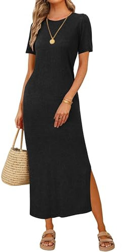 Arach&Cloz Womens Summer Wool Blend T Shirt Maxi Dress 2026 Spring Casual Short Sleeve Crew Neck Slit Fashion Sweater Knit Long Dresses Trendy Travel Vacation Outfits Black L