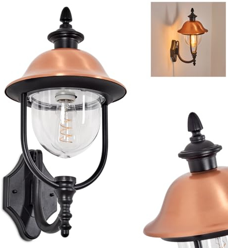 HOFSTEIN Außenwandleuchte Gascon, Außenwandlampe aus Metall/Kunststoff in Schwarz/Kupfer/Klar, Wandleuchte außen im Vintage/Antik/Landhaus-Design, Garten, Hof, Außenbereich, Haustür, E27, IP44