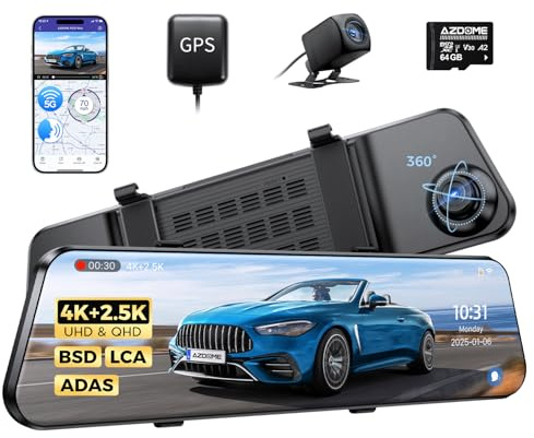 AZDOME 4K Spiegel Dashcam Auto Vorne Hinten mit 2.5K Rückkamera, 5G WiFi Autokamera, 64GB Karte enthalten, Super Nachtsicht Dash Cam, GPS, Sprachsteuerung, 12 IPS Touchscreen (PG17 MAX)