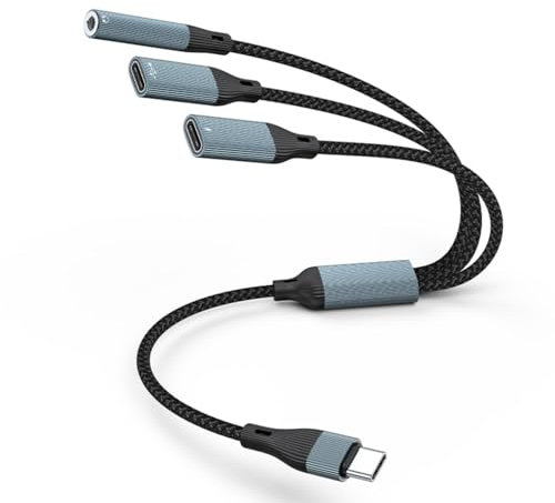 Cable USB tipo C 3 en 1 de nailon trenzado de 3,5 mm, sonido PD60W, cable de datos OTG para computadoras de escritorio y teléfonos inteligentes