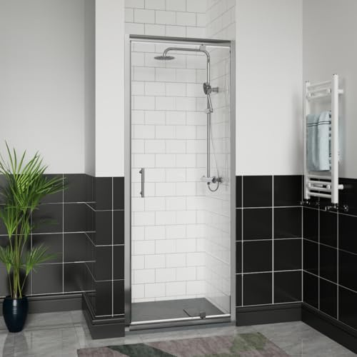 Aquariss 800x700mm Chrome Pivot Alloy Hinge Shower Door Enclosure with 800mm Clear Self Clean 6mm Shower Door Screen + Anthracite SMC Anti Slip Shower Tray and 90mm Waste
