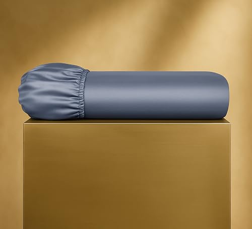 Seralino Mako Satin Spannbettlaken 200x200cm Baumwolle Blau Dunkelblau| Bettlaken 200x200cm Boxspringbett (bis 30cm Steghöhe) |100% Bio Baumwolle Leinentuch 200x200| Spannbetttuch 200x200 Blau