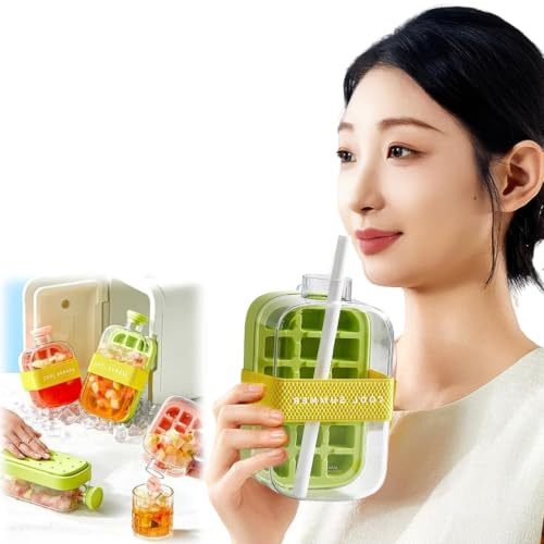 YUNYU Ice Cube Bottle with Straw & Strap, 800ml 2-in-1 Leakproof Freezer-Ready Water Bottle with Built-in Ice Tray for Summer Cold Drinks, Iced Coffee, Outdoor, Office, Travel