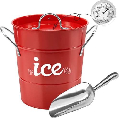 Doppelwandiger isolierter Eiskübel aus Metall mit Thermometer und Eisschaufel, Hausbar, Eiswürfelbehälter zum Kühlen von Bier, Champagner, Weinflasche, Rot