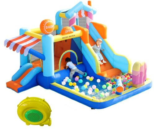 Castillo hinchable con soplador, parque acuático castillo hinchable para niños, trampolín, pequeño tobogán, fuente, pistolas de agua, toldo de tienda, incluye ventilador de 450 W