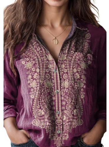 Akivide Women's Ethnic Boho Floral Printed Long Sleeve Tops Oversized Loose Linen Lapel Collared Button Down Blouse Shirts