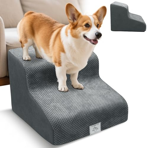 Hundetreppe 2 Stufen, Hundetreppe für Kleine Hunde, Katzentreppe für Alte Katzen für Bett und Sofa, rutschfeste Haustiertreppe Abnehmbarem Waschbar, 30 cm Hoch, Grau