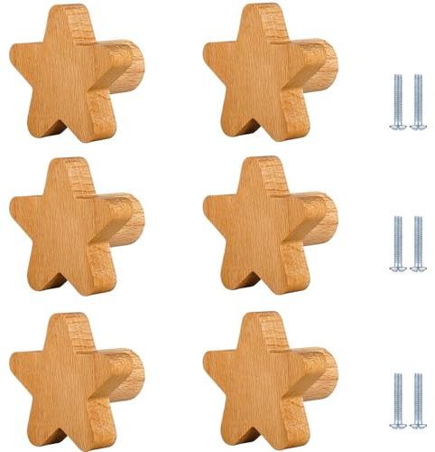 PIYYQNY Furniture Drawer Handles 6 Pack Wooden Wardrobe Door Pulls for Children's Room Wooden Drawer Knobs for Cabinet Doors Dresser Drawers(Beech Star)