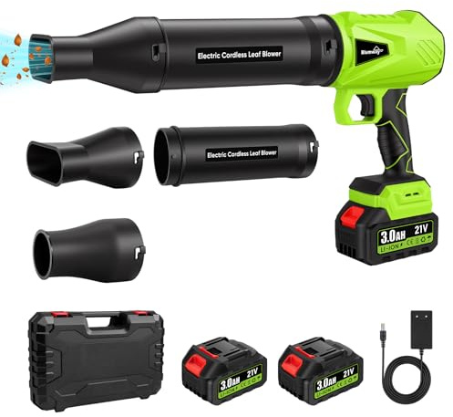 Blumway Laubbläser kabellos, Handlaubbläser, 3 Verlängerungsdüsen, verbesserter Motor, 21V*2 Stück Batterien Elektrische Laubbläser für die Rasenpflege, Garten, Entstauben, Laubblasen, 32000r/min