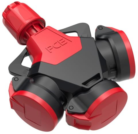 PCE 253822-sr5 3-Wegekupplung TopTaurus2 Vollgummi mit Klappdeckel nat 5p IP54 | 16A 250V 5-polig Typ F CEE-Kupplung schwarz-rot | Schutzkontaktkupplung für Baustelle & Industrie