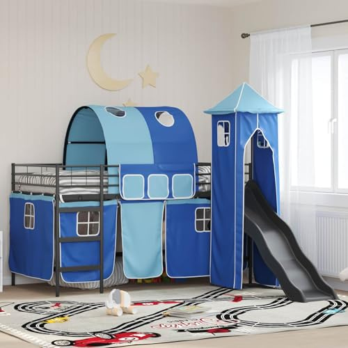 Hoopleep Lit mezzanine, en métal, noir et bleu, avec toboggan et tour, 107 x 200 cm, lit de jeu aventure, lit superposé robuste, pour chambre d'enfant, design peu encombrant, lit simple avec rideaux