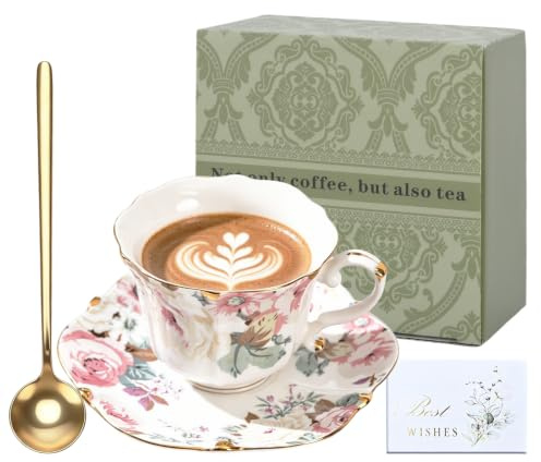 TMZDCJK Flower Tea Coffee Cup with Saucer and Spoon in Gift Box | 1 Set Porcelain Mug for Her, Unique Tea Cup Gift for Women, Pretty Ceramic Coffee Mugs for Kitchen or Tea Party