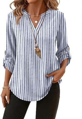 XIEERDUO Ladies Tops 3/4 Sleeve Summer Tops for Women UK V Neck Womens Blouses Roll Up Sleeve T Shirts with Button