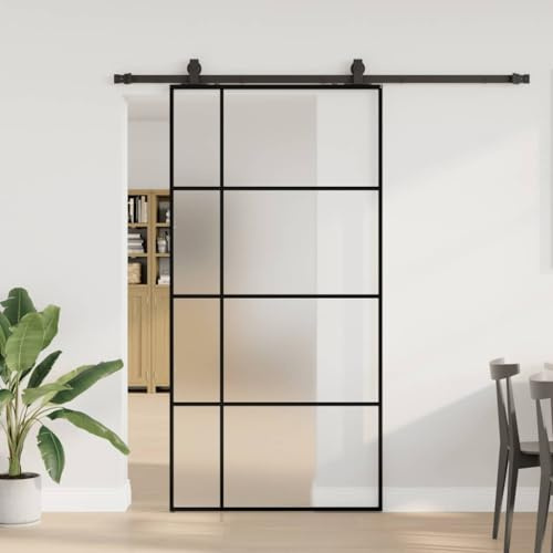 LoogCape Kit de quincaillerie pour porte coulissante noire 102,5x205 cm avec verre ESG trempé, rail robuste en acier enduit, utilisation intérieure extérieure, sécurité et isolation phonique
