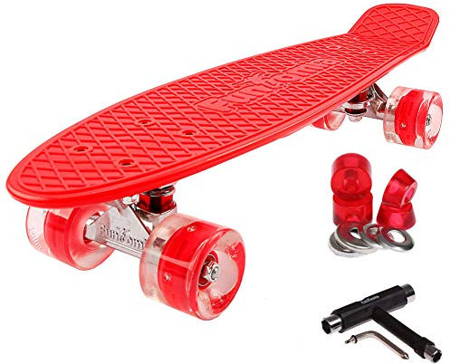 FunTomia 57cm Mini-Board Skateboard mit oder ohne LED Leuchtrollen inkl. Aluminium Truck, ABEC-9 Kugellager und T-Tool (Rot)