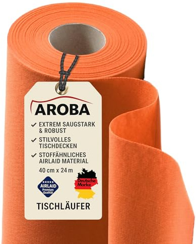 AROBA 1x Airlaid Tischläufer (Orange, 40 cm x 24 m) - Stoffähnliche Tischläufer - Tischband Tischtuchrolle Tischdeko für Hotel Catering Geburtstag Restaurants Kommunion Taufe