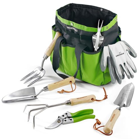 WORKPRO Gartenwerkzeug Set, 8 in 1 Gartengeräte mit Aufbewahrungstasche, aus Edelstahl, Gartenschaufel mit Holzgriff, Blumenschere, Gartenkralle, Handgrubber, Geschenk für Gärtnerinnen und Gärtner