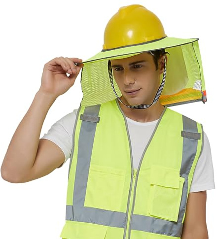 TopTie Protector Solar para Casco de Seguridad Reflectante UV con Visera | Malla Transpirable, Protección para Cuello y Nuca, Alta Visibilidad Neón, Plegable, Trabajo Exterior y Construcción