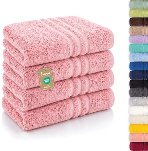 Lavea® 4er Set Handtücher 50x100 cm, Elena Frottiererie, 100% Baumwolle, Saugstark & Weich, Handtücher Set, Waschbar, Trocknergeeignet, Gäste Handtücher, Frottierhandtuch - Pastellrosa | 100 % Baumwolle – Hand- und Handtücher, weich und saugfähig, für Badezimmer, Haus, Hotel und Spa