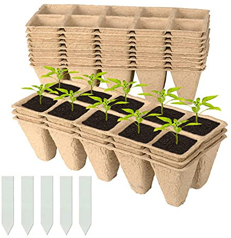 Cymax120 Cells Seed Starter Tray Kit, 12 Pack Biodegradable Pots Seedling Germination Trays, Plant Seed Starter Tray Kit with 50Pcs Plant Labels