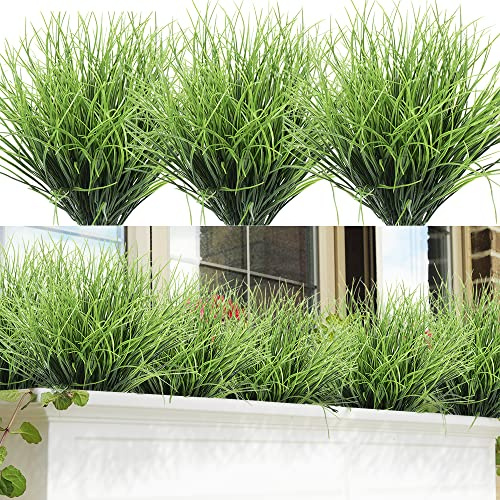 8 Bundles Artificial Grass Plants Fake Bushes Artificial Shrubs Wheat Grass Greenery for House Plastic Outdoor UV Resistant Faux Grass (Pack of 8)