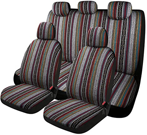 PONYJOYUP Baja Saddle Blanket Car Seat Covers 9PCS Full Set, Breathable and Washable Striped Woven Automotive Vehicle Seat Cover, Universal Seat Cover for Sedan, SUV, Truck, Airbag Compatible