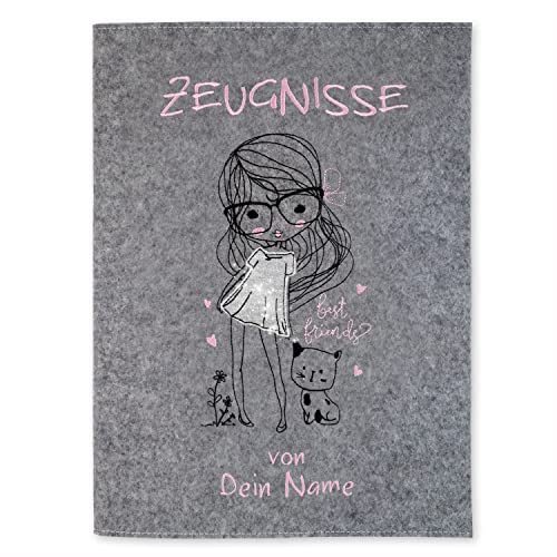 Goldi-Design Zeugnismappe Mädchen mit Katze grau/glitzer personalisiert mit Namen 100% Wollfilzumschlag und Sichtbuch DIN A4 mit 20 Hüllen