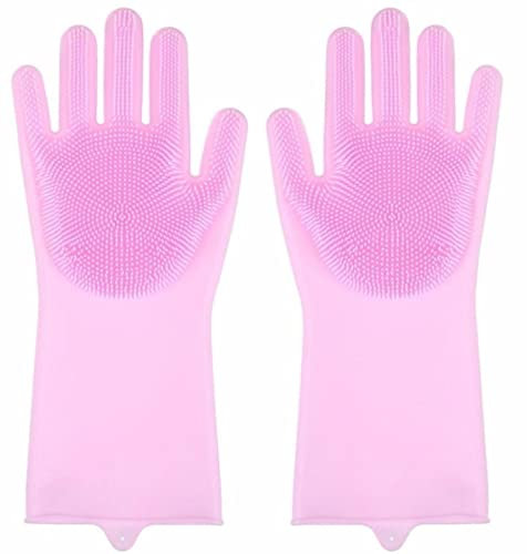 Magic Dishwashing Cleaning Sponge Gloves Reusable Silicone Brush Scrubber Heat Resistant for Kitchen Bathroom Pet Hair Care Car Washing pink