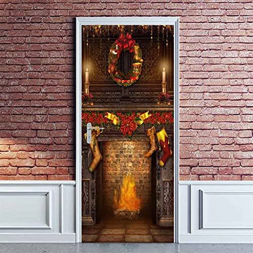 JGCAI 3D Door Art Stickers For Interior Doors Kids Bedroom Christmas Fireplace Ideas Self Adhesive Door Decal Murals Removable Poster Wallpaper Living Room Kitchen Bathroom Decoration 90x200cm