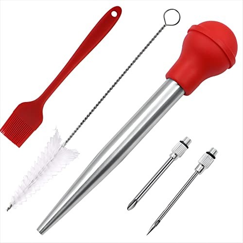 Viwehots Turkey Baster, Stainless Steel Turkey Baster Silicone Bulb with 2 Marinade Injector Needles and 2 Brush for Cooking Easy Clean and Dishwasher Safe Color Red