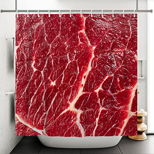 Bovlleetd 180x200cm Cortina de Ducha de Carne cruda Carne roja Cortinas de Ducha de Res Cortina de baño de Comida cruda Realista Cortina de Ducha de Halloween Cortina de bañera Impermeable