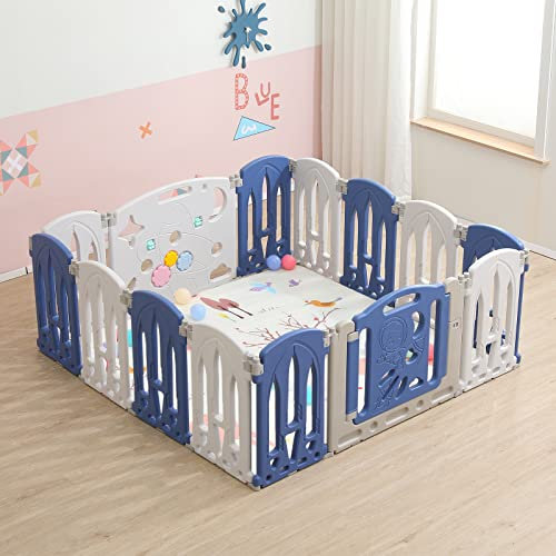 Aufun Laufstall Baby Faltbar, Laufgitter mit Tür und Spielzeugboard, 12 Panel Blu+Weiß Baby Absperrgitter, Krabbelgitter kunststoff(12 Stück)