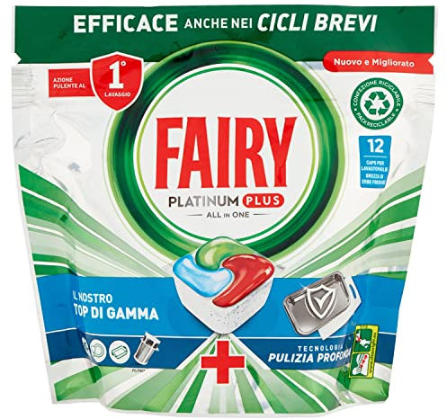 Fairy Platinum - Limpiador de pastillas para lavavajillas Plus, abrillantador, 12 cápsulas para lavavajillas, brisa de hierbas frescas, tecnología de limpieza profunda, contra la grasa y las roturas