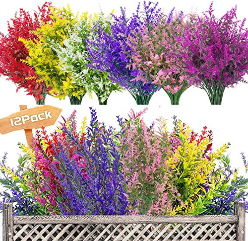 Garlag 12 Bundles Outdoor Artificial Flowers UV Resistant Fake Plants, Faux Plastic Lavender for Indoor Outside Garden Home Wedding Farmhouse Decor (Multi)
