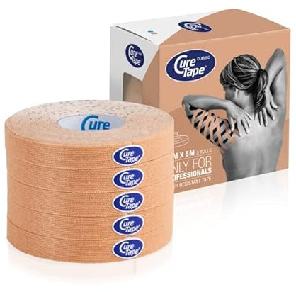 CureTape® Kinesiotapes | 5 rollos de cinta de kinesiología (1 cm x 5 m) | Cinta kinesiótica impermeable y sin látex | Adhesión larga | Ideal para el tratamiento linfático y cicatrices | Beige